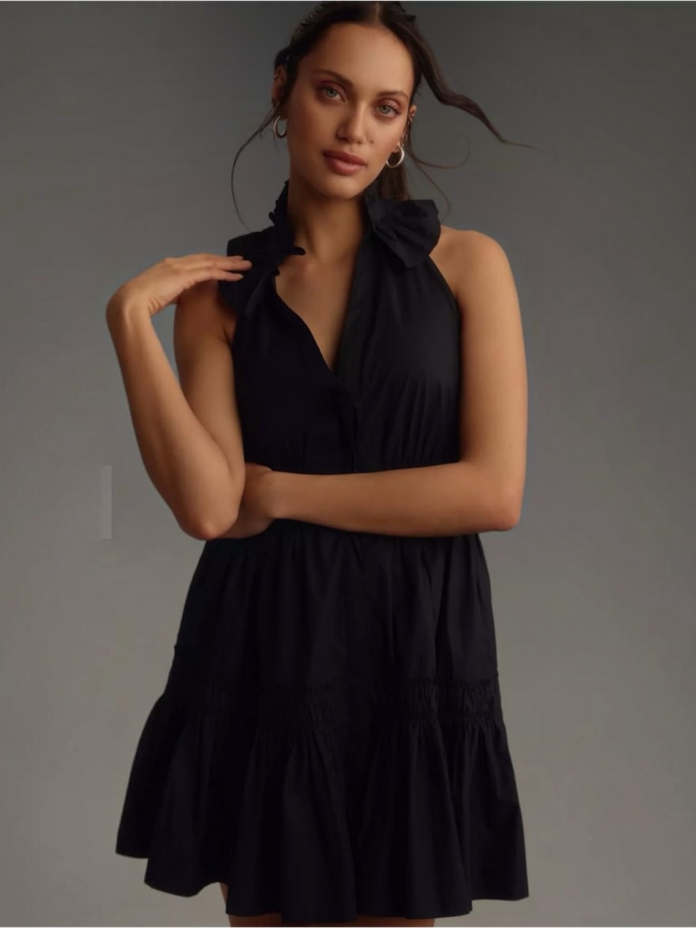Anthropologie Black V-Neck Belted Halter Mini Dress Size Small